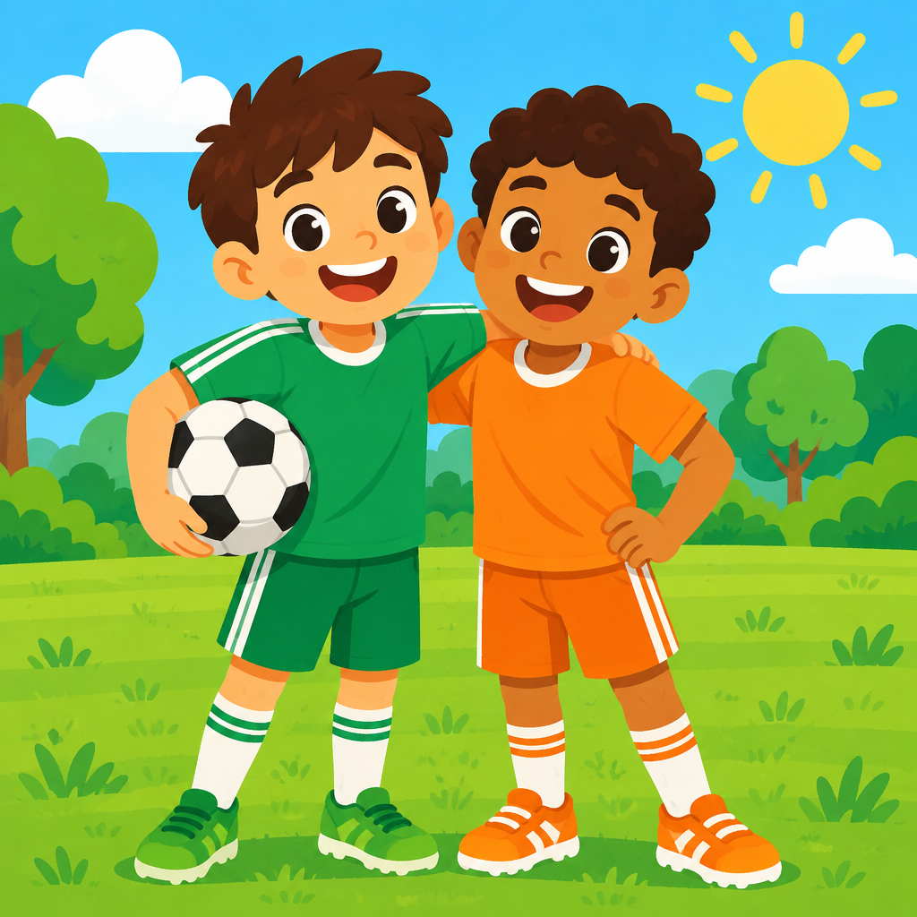 Two kid friends with a soccer ball